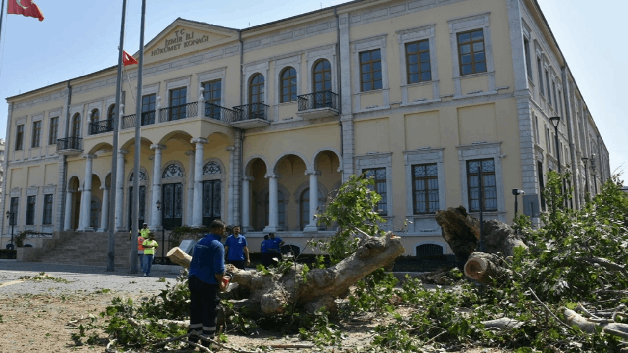 İzmir Valiliği’ndeki asırlık çınar devrildi; o anlar kamerada İzmir Valiliği’ndeki asırlık çınar devrildi; o anlar kamerada