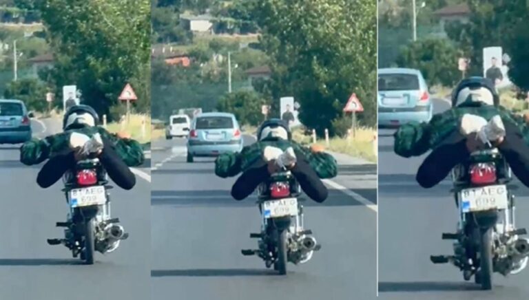 Motosikletini üzerine yatarak sürdü Motosikletini üzerine yatarak sürdü